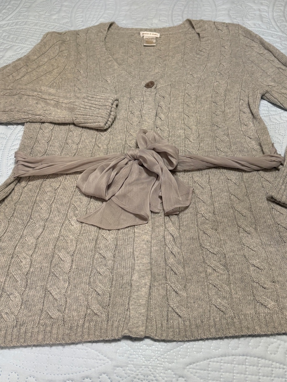 Monroe & Main Soft Gray Cable-Knit Long Cardigan with Chiffon Tie